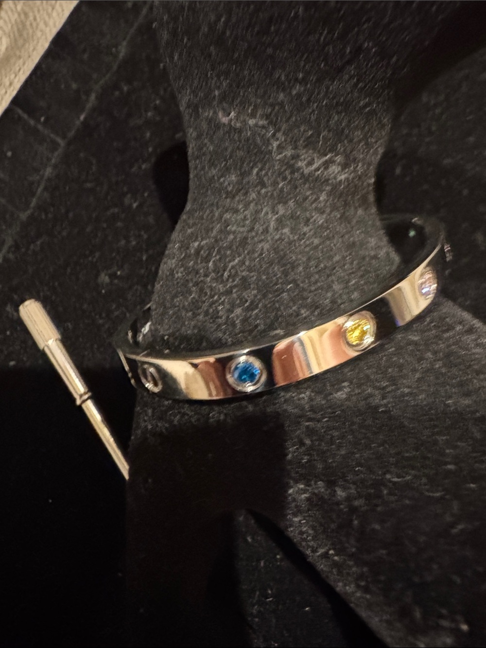 Women's Silver Tone LOVE Bangle Bracelet with Multicolor Stones